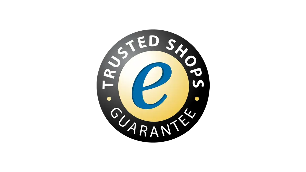 Trusted Shops Guarantee-Siegel mit goldenem Kreis und blauem „e“ auf schwarzem Hintergrund.