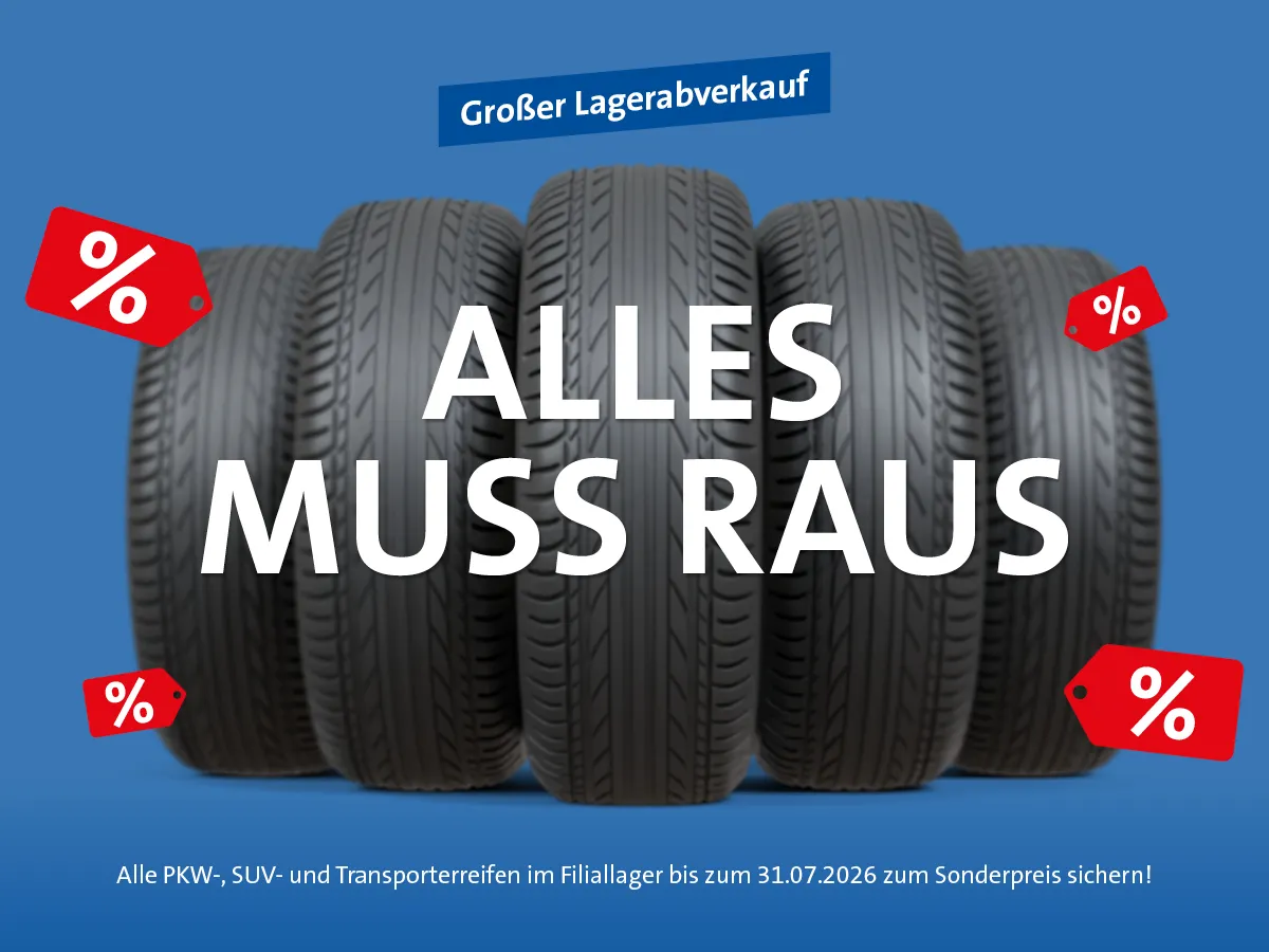 Aktionsgrafik zum Reifen-Lagerabverkauf mit Sonderpreisen für Pkw-, SUV- und Transporterreifen im Filiallager von Juni bis Juli 2026