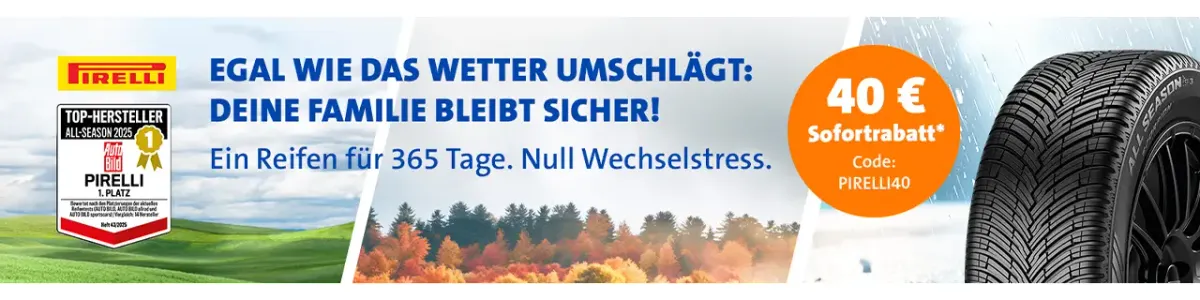 Pirelli Banner mit Ganzjahresreifen, Aktionscode für 40-Euro-Sofortrabatt vor Landschaft im Jahreszeiten-Design.
