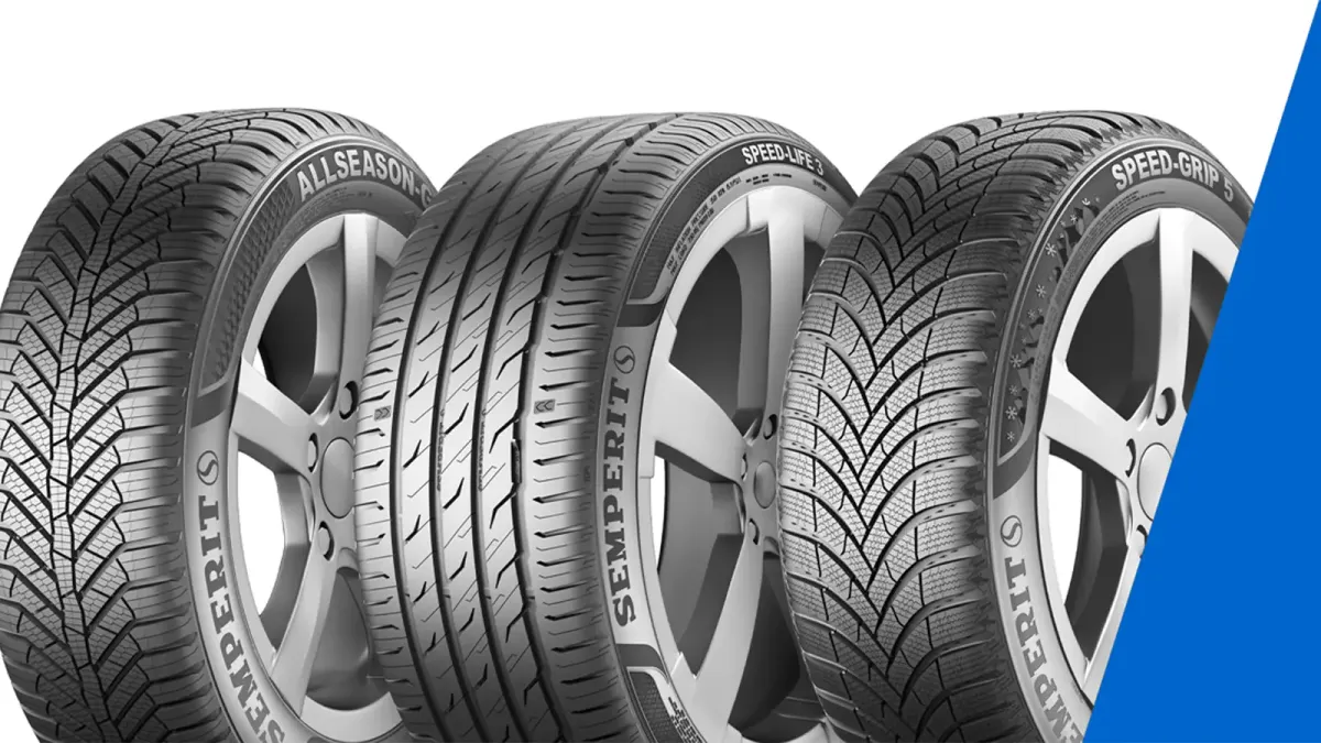 Drei Semperit Reifen nebeneinander: AllSeason-Grip, Speed-Life 3, Speed-Grip 5