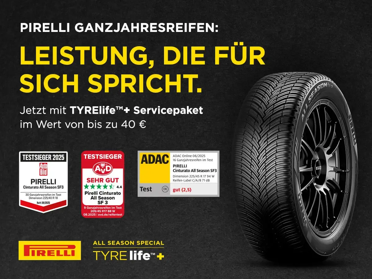 Werbebild Aktion TYRELife+ Servicepaket von Pirelli mit ADAC Bewertung und Testsieger-Auszeichnungen