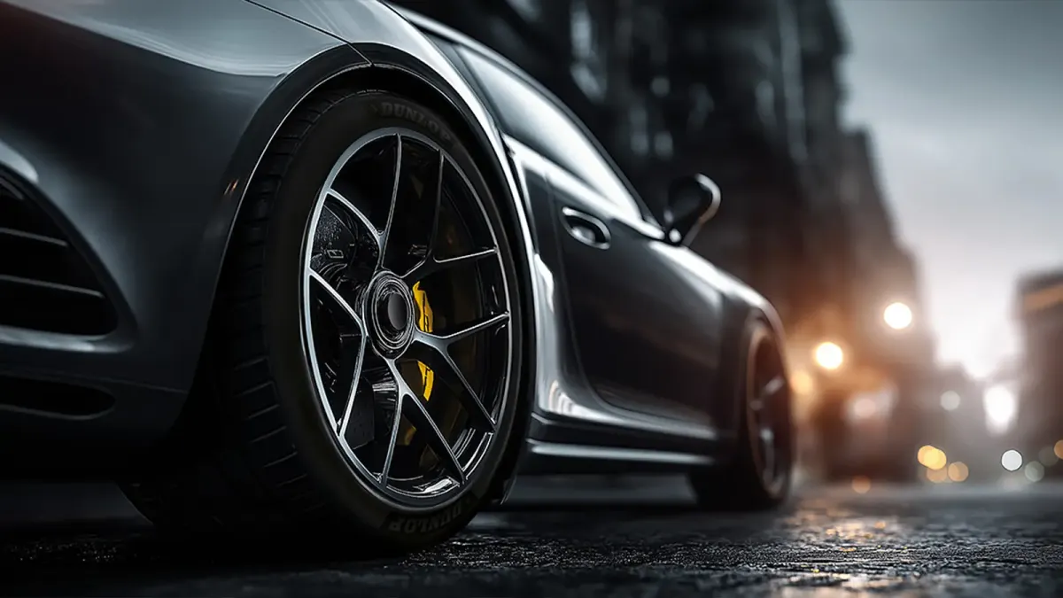 Nahaufnahme eines Dunlop Reifens an einem Sportwagen auf einer Straße in der Stadt
