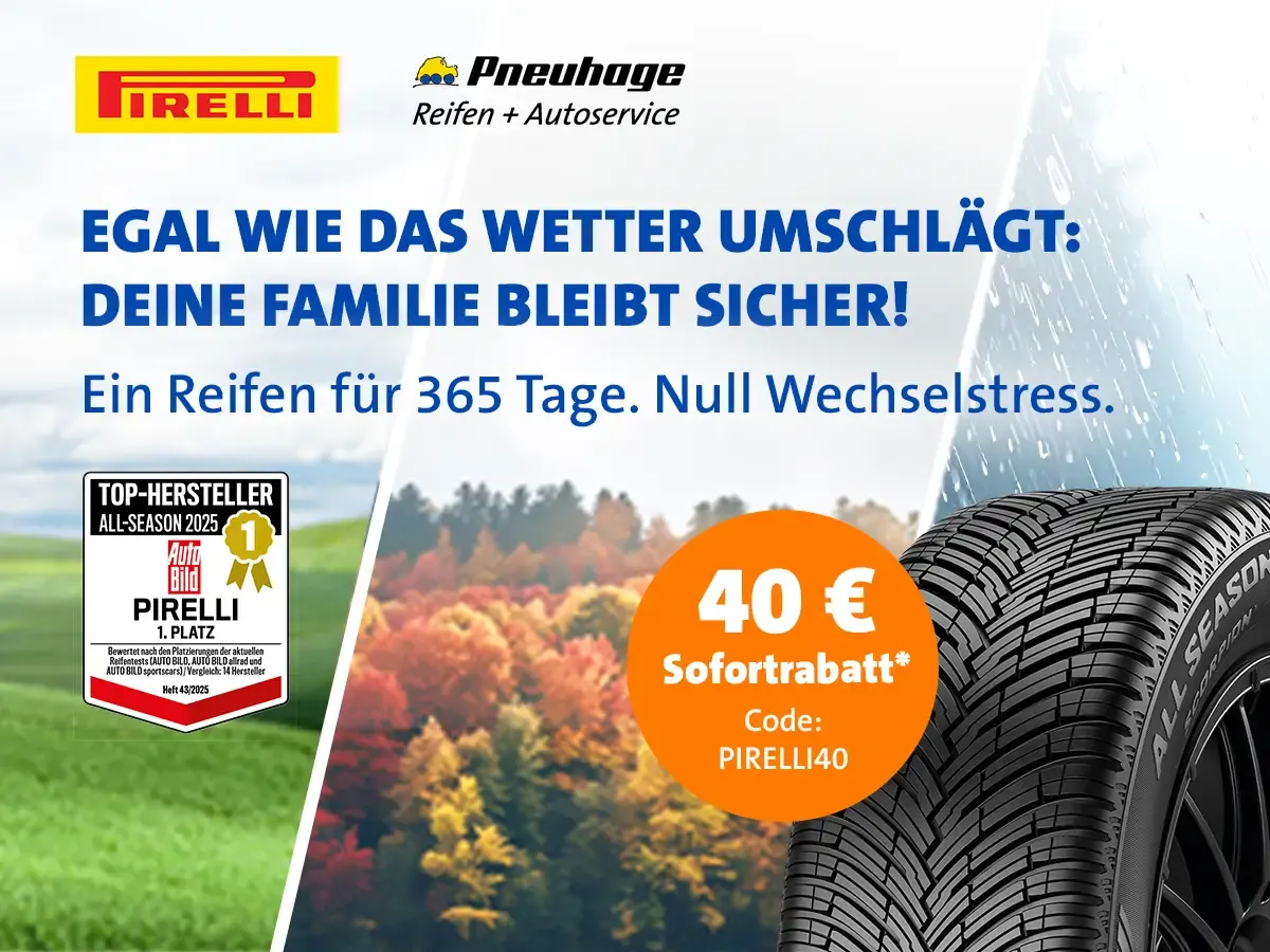 Pirelli Banner mit Ganzjahresreifen, Aktionscode für 40-Euro-Sofortrabatt vor Landschaft im Jahreszeiten-Design.