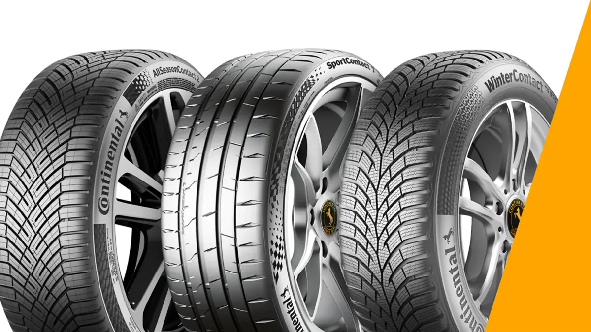 Drei Continental Reifen nebeneinander: AllSeasonContact 2, SportContact 7 und WinterContact TS 870