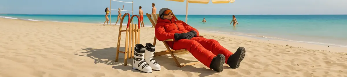 Person im Winteranzug entspannt auf einem Liegestuhl an einem sonnigen Sandstrand, daneben stehen Skischuhe und ein Schlitten.