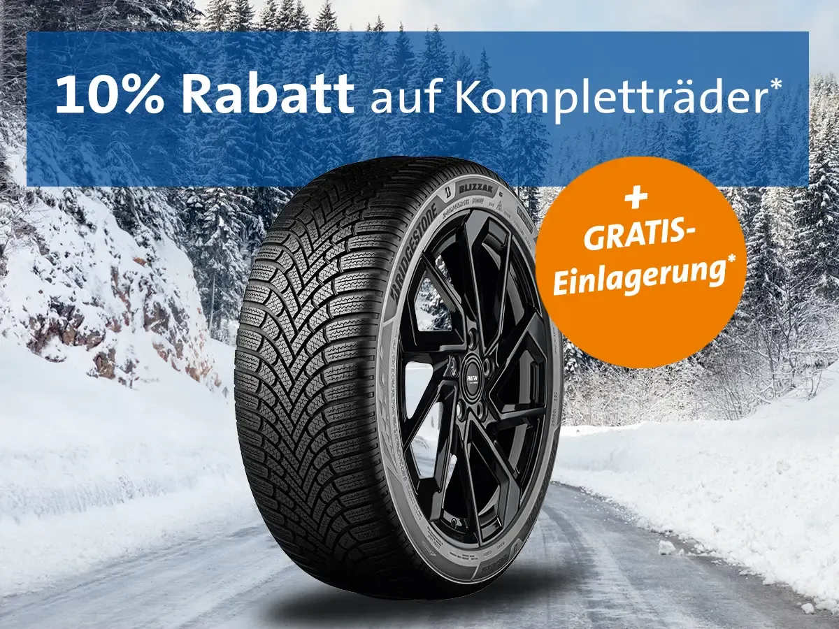 Komplettrad auf verschneiter Straße, dazu der Text: 10 % Rabatt auf Kompletträder sowie Störer mit Text zur Gratis-Einlagerung.