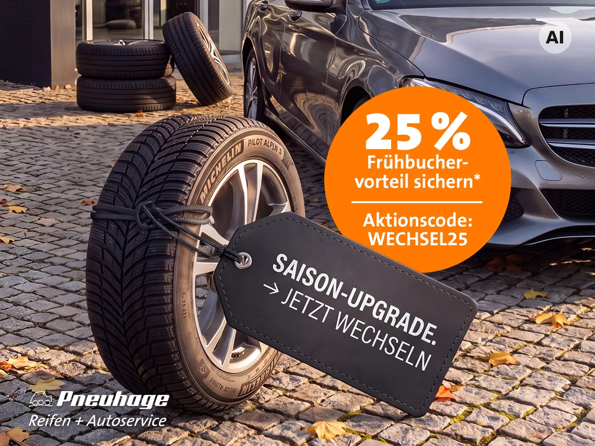Herbstliche Szene mit Auto und Reifen sowie Aktionshinweis zu Radwechseltermin und 25 Prozent Frühbuchervorteil.