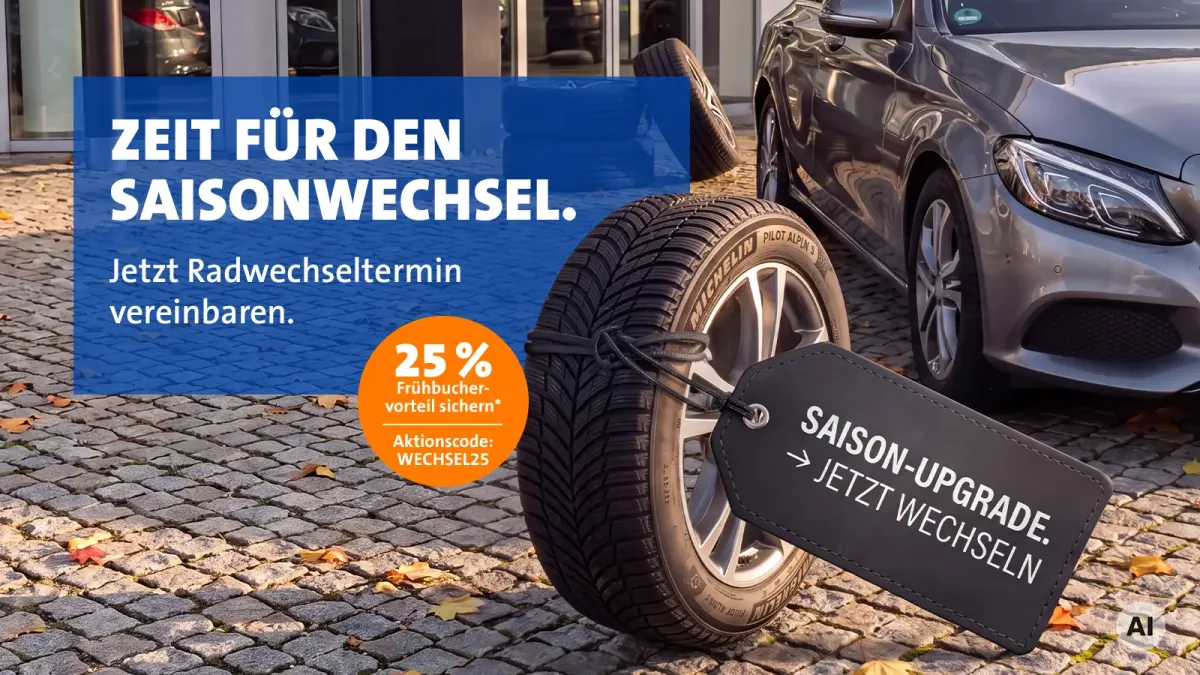 Herbstliche Szene mit Auto und Reifen sowie Aktionshinweis zu Radwechseltermin und 25 Prozent Frühbuchervorteil.