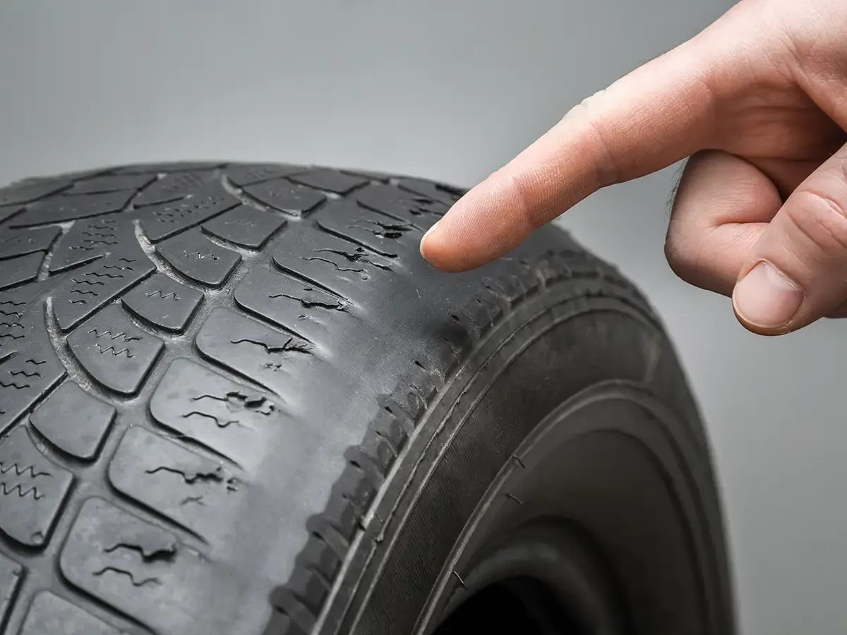Nahaufnahme eines stark abgenutzten Autoreifens, auf dessen abgefahrene Lauffläche ein Finger zeigt.