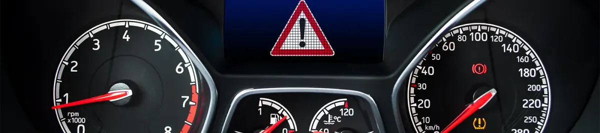 Fahrzeugcockpit mit leuchtender Reifendruckkontrollleuchte sowie Warnanzeige im zentralen Display.