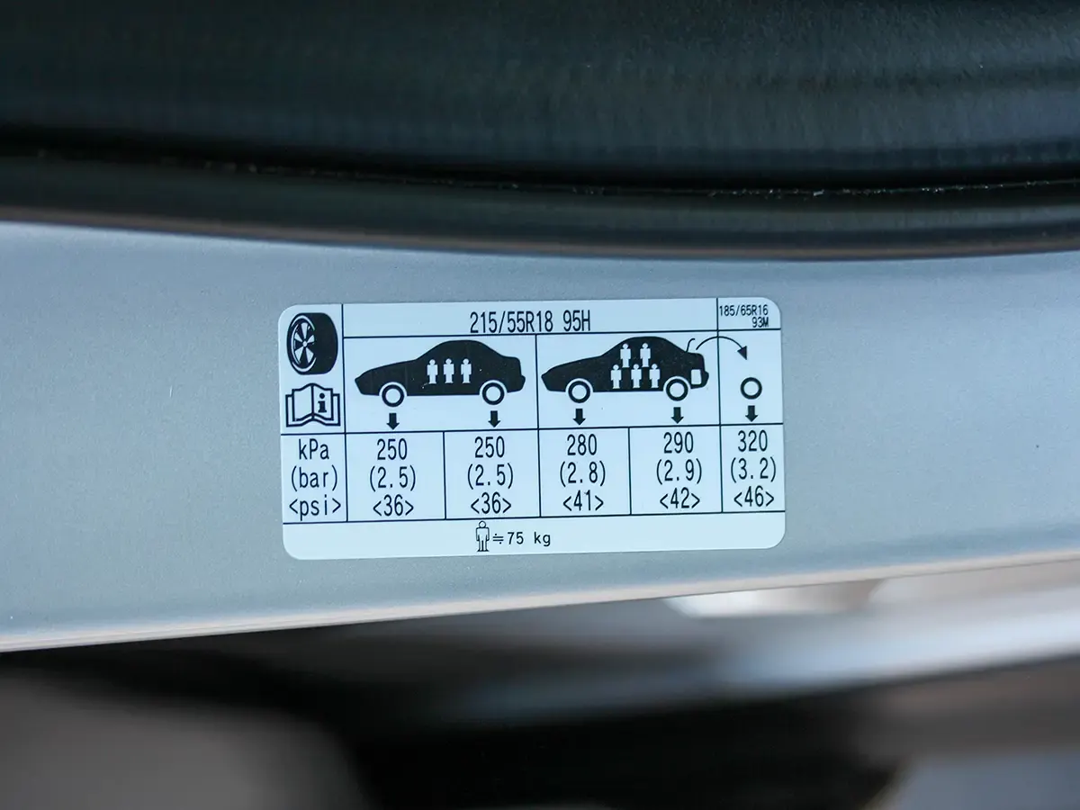 Fahrzeugaufkleber zeigt empfohlene Reifendruckwerte für Reifen und unterschiedliche Fahrzeugbeladungen.