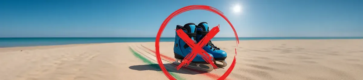 Paar blaue Schlittschuhe auf Sand mit rotem Kreis und durchgestrichenem X vor einer Meereskulisse.