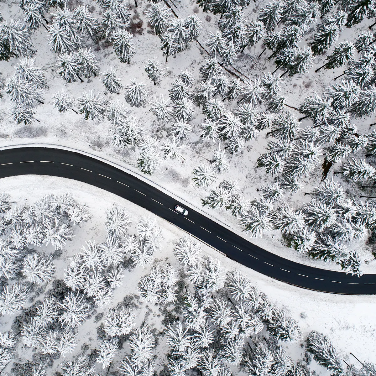 Luftaufnahme einer kurvigen Straße durch verschneiten Wald mit fahrendem Auto