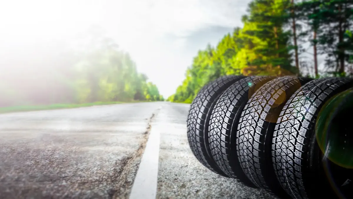 Autoreifen auf Asphalt am Rand einer Straße, im Hintergrund Bäume