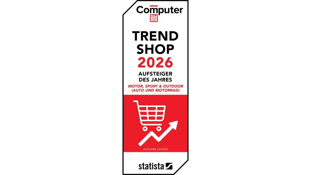 Vertikales Siegel mit der Aufschrift „Computer Bild Trend Shop 2026 – Aufsteiger des Jahres“ und Einkaufswagen-Symbol.