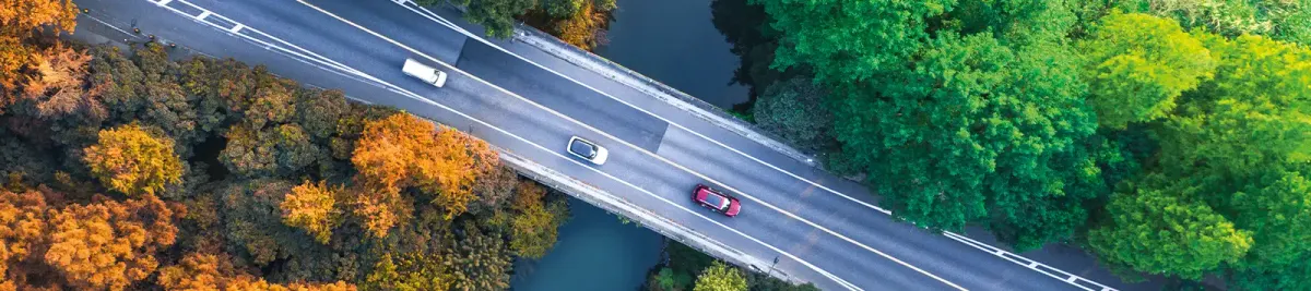 Luftaufnahme mehrerer Pkws auf einer Brücke über einem Fluss umgeben von Wald – links herbstlich bunt, rechts sommerlich grün