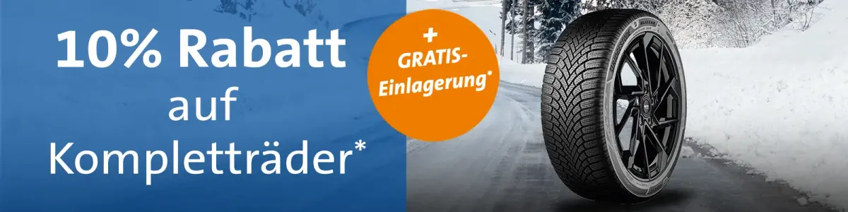 Komplettrad auf verschneiter Straße, dazu der Text: 10 % Rabatt auf Kompletträder sowie Störer mit Text zur Gratis-Einlagerung.