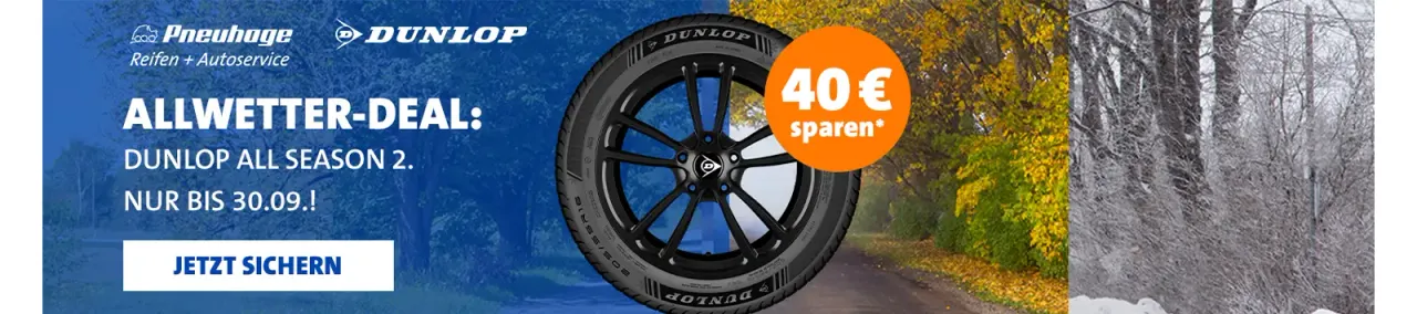 Dunlop Banner mit Ganzjahresreifen, Aktionscode für 40-Euro-Sofortrabatt vor Landschaft im Vier-Jahreszeiten-Design.