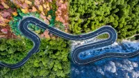 Luftaufnahme kurvige Straße durch Waldlandschaft in verschiedenen Jahreszeiten