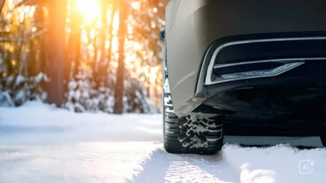 Autoheck mit Reifen im Schnee, Winterwald und tief stehende Sonne im Hintergrund