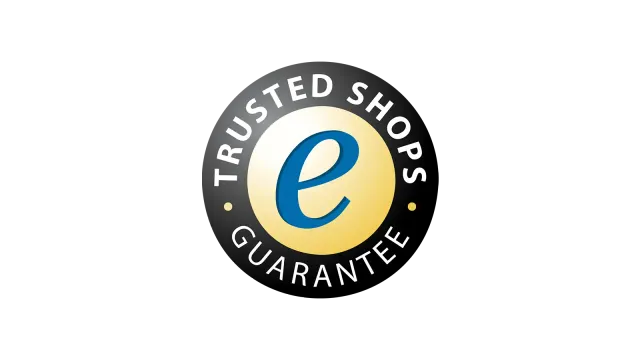 Trusted Shops Guarantee-Siegel mit goldenem Kreis und blauem „e“ auf schwarzem Hintergrund.