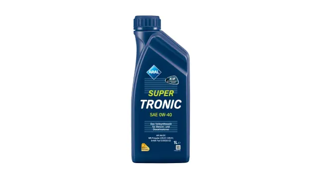 Bild blaue Motoröl Flasche Ravenol Super Tronic für leistungsstarke Fahrzeuge