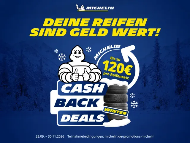 Werbebild Michelin Cashback-Aktion vor blauem Hintergrund mit angedeuteter Winterlandschaft