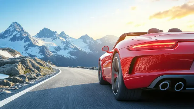Bild Rotes Cabrio fährt auf Bergstraße mit Alpenpanorama