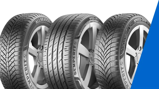 Drei Semperit Reifen nebeneinander: AllSeason-Grip, Speed-Life 3, Speed-Grip 5