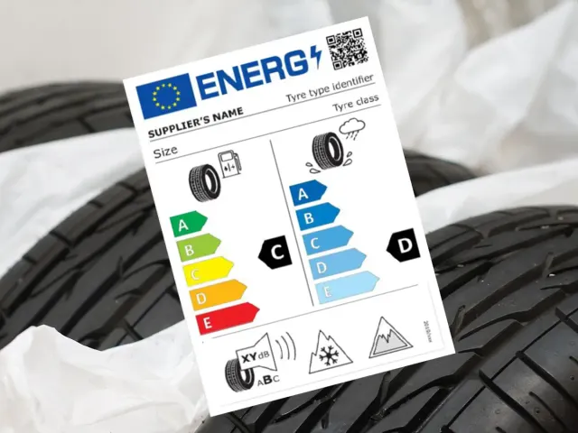 EU-Reifenlabel steht vor mehreren Fahrzeugreifen und zeigt die Bewertung verschiedener Reifeneigenschaften.