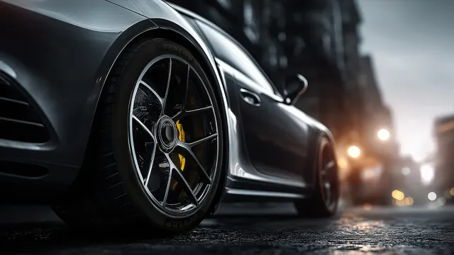 Nahaufnahme eines Dunlop Reifens an einem Sportwagen auf einer Straße in der Stadt