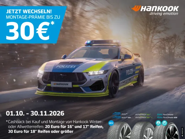 Werbebild Hankook Aktion Montageprämie bis zu 30 Euro mit Polizeiauto auf winterlicher Fahrbahn