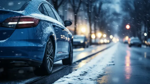 Auto fährt auf einer verschneiten Straße in der Stadt bei Abendstimmung