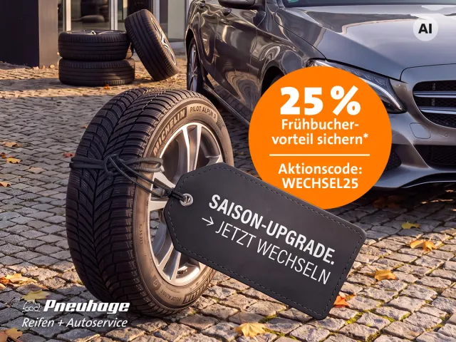 Herbstliche Szene mit Auto und Reifen sowie Aktionshinweis zu Radwechseltermin und 25 Prozent Frühbuchervorteil.