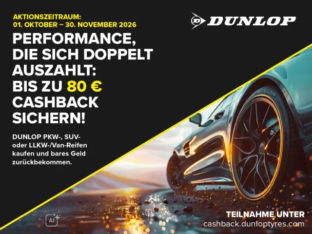 Werbebild Dunlop Cashback-Aktion mit Sportwagen auf nasser Fahrbahn