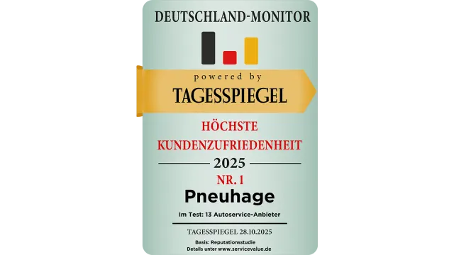 Siegel „Deutschland-Monitor – Höchste Kundenzufriedenheit 2025“ mit Pneuhage als Nr. 1.
