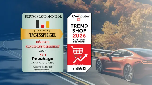 Ein kupferfarbenes Sportauto fährt auf einer herbstlichen Landstraße, daneben zwei Testsieger-Auszeichnungen