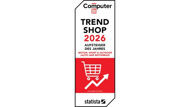 Vertikales Siegel mit der Aufschrift „Computer Bild Trend Shop 2026 – Aufsteiger des Jahres“ und Einkaufswagen-Symbol.