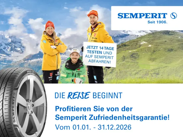 Werbebild Semperit Zufriedenheitsgarantie mit Reifen und Outdoor Szene