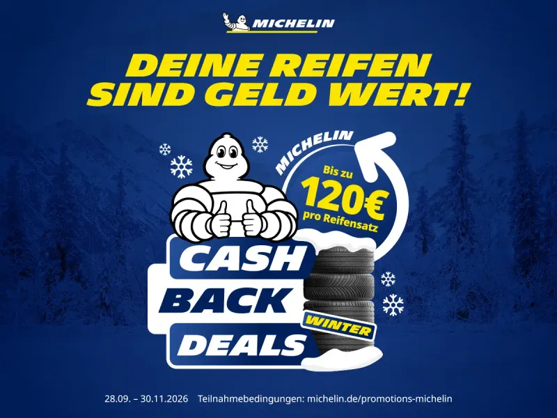 Werbebild Michelin Cashback-Aktion vor blauem Hintergrund mit angedeuteter Winterlandschaft