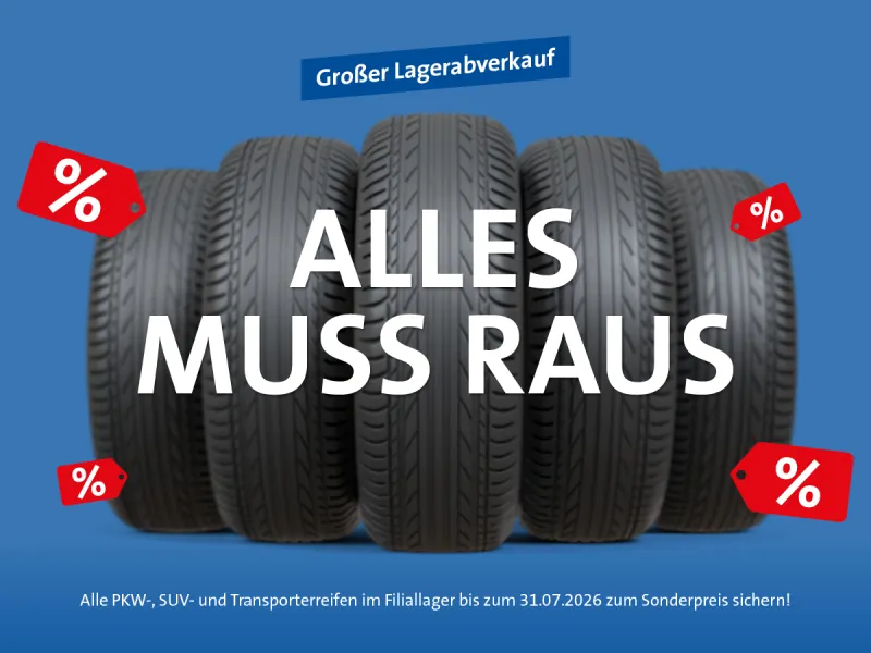 Aktionsgrafik zum Reifen-Lagerabverkauf mit Sonderpreisen für Pkw-, SUV- und Transporterreifen im Filiallager von Juni bis Juli 2026