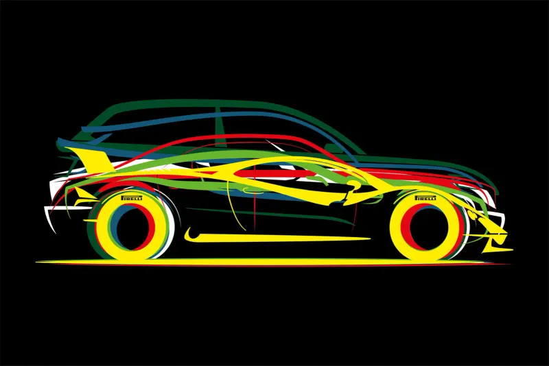 Verschiedenfarbige Liniengrafiken unterschiedlicher Auto-Silhouetten übereinander gelagert auf schwarzem Hintergrund