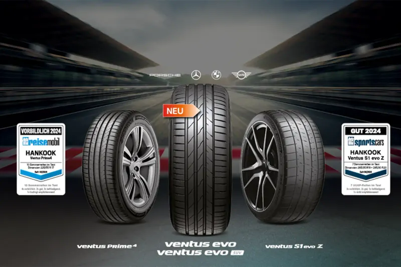 Drei verschiedene Hankook Reifen vor unscharfem Rennstrecken-Hintergrund mit Testlabeln und Produkt-Logos
