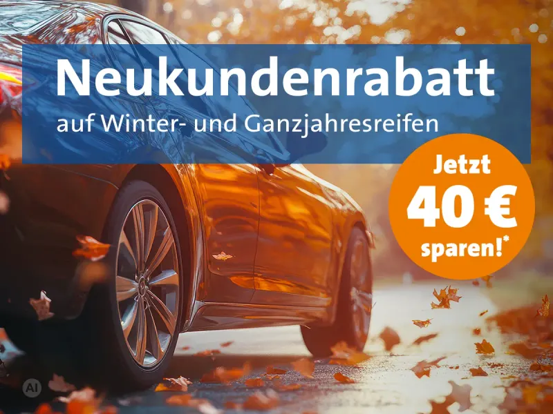Auto auf Straße im Herbst mit Aktionshinweis zur Neukundenrabatt-Aktion bei Pneuhage.
