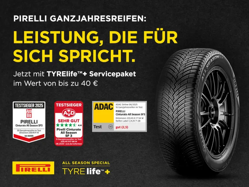 Werbebild Aktion TYRELife+ Servicepaket von Pirelli mit ADAC Bewertung und Testsieger-Auszeichnungen