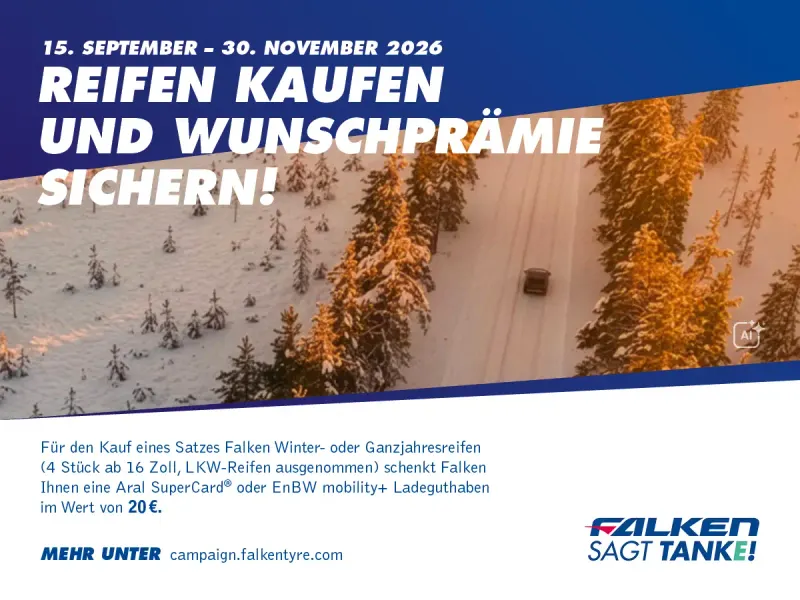 Werbebild Falken Aktion mit Luftaufnahme von PKW auf verschneiter Landschaft