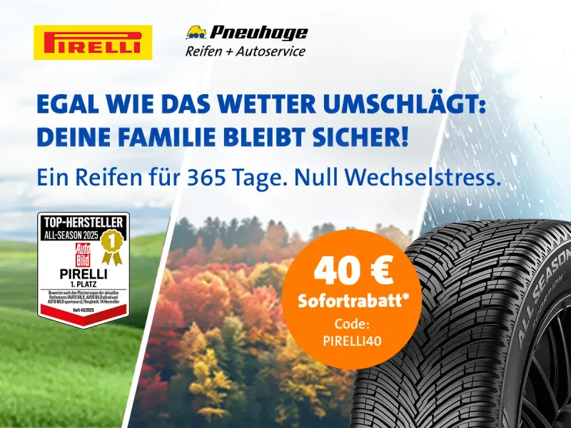 Pirelli Banner mit Ganzjahresreifen, Aktionscode für 40-Euro-Sofortrabatt vor Landschaft im Jahreszeiten-Design.