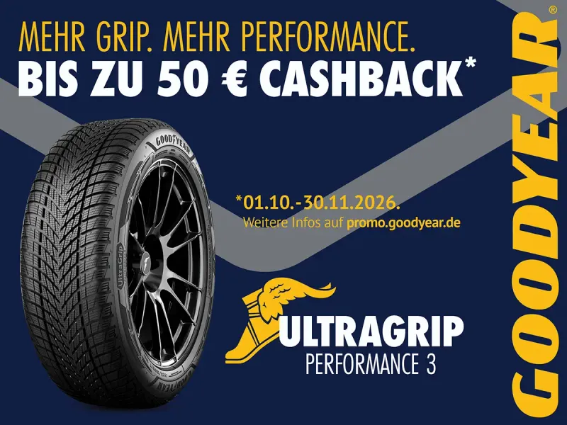 Werbebild Goodyear Cashback-Aktion mit Goodyear Ultragrip Performance 3 vor blauem, grafischem Hintergrund mit Goodyear-Logo rechts