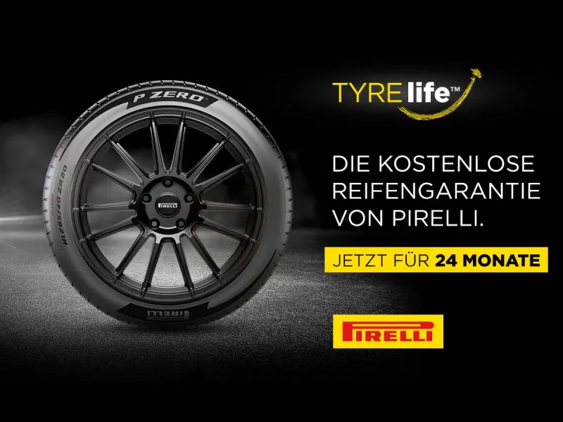 Werbebild Pirelli TyreLife Aktion kostenlose Reifengarantie für 24 Monate mit schwarzem Reifenmotiv