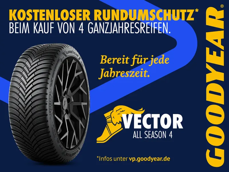 Werbebild Goodyear Rundumschutz-Aktion mit Goodyear Vector All Season 4 vor blauem, grafischem Hintergrund mit Goodyear-Logo rechts